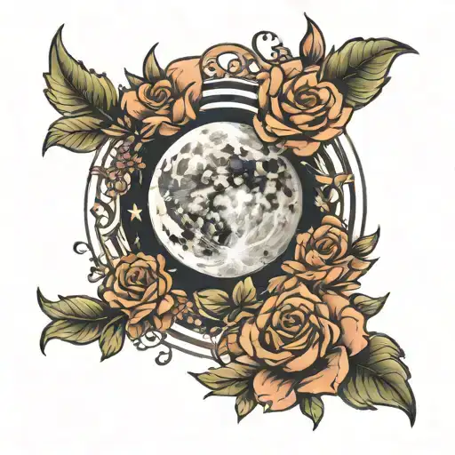 Floral Moon Tattoo Design Incorporating Elements Representing