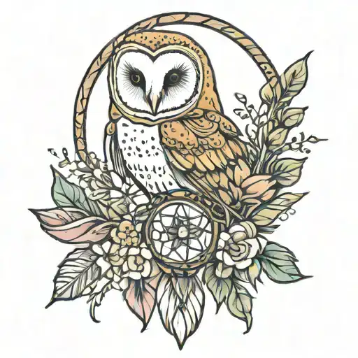 Barn Owl Sat In A Dreamcatcher With Flowers Growing