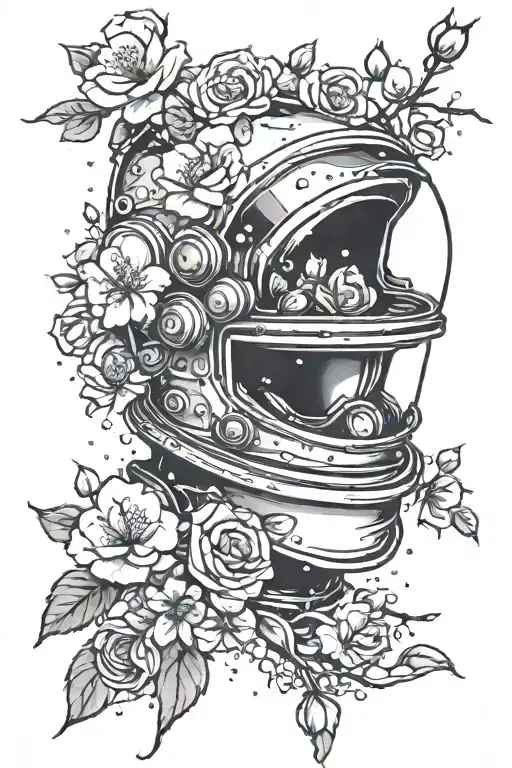 Cherry Blossoms Falling Throug Space Helmet And Roses