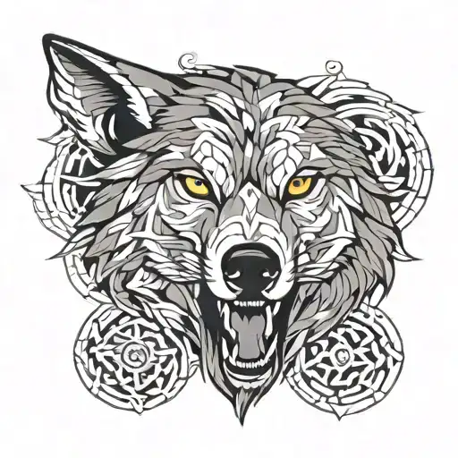 Agressive Wolf Head With Long Hair Tattoo And Geometric Design