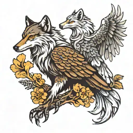 A Wolf And A Eagle Perched Atop Eachother One Is Giving