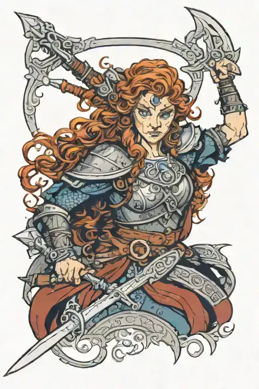A Viking Warrior Woman With Curly Red Hair And Bright Blue Eyes Engaged In Battle