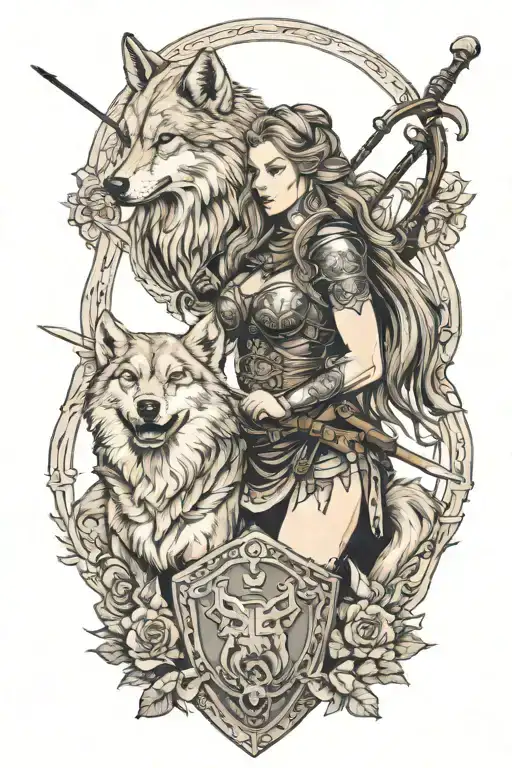 A Sexy Shield Maiden With A Wolf Companion Practicing Archery