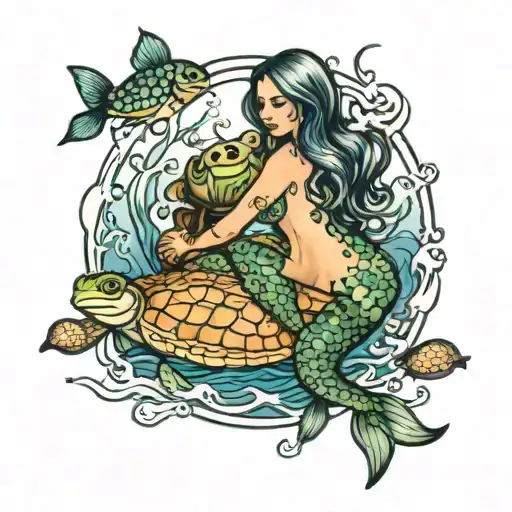 Mermaid And Turtle Swimming Alongside Underwater Scene