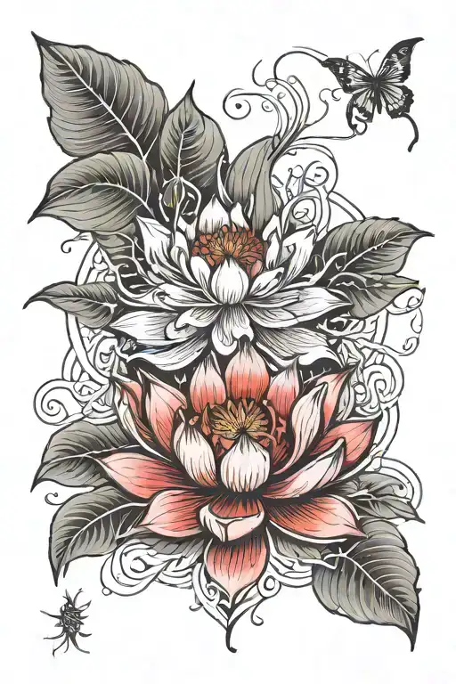 Red Lotus With Spider Lily Flower Intertwined