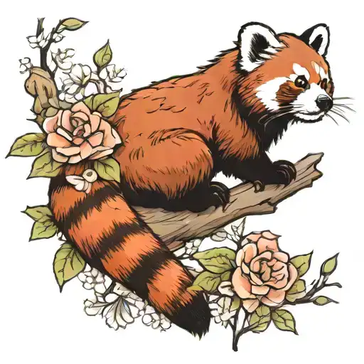 Red Panda On Branch With Flowers
