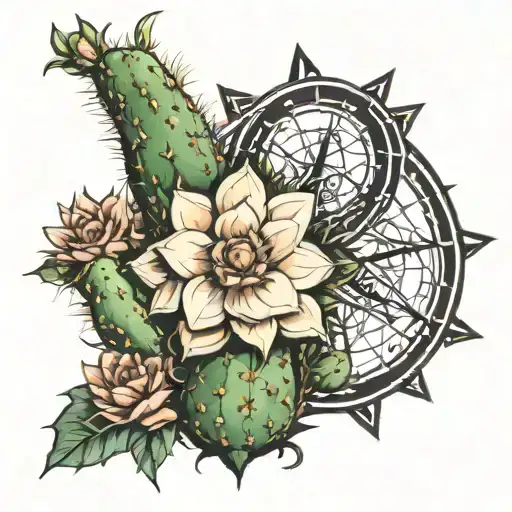 Cactus And Compass Rose Intertwined Within Its Intricate
