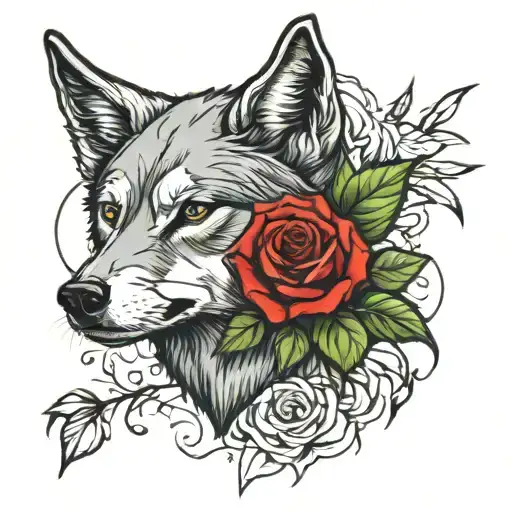 Roses And Realistic Wolf In Color