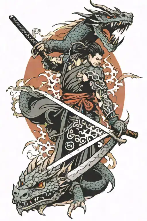 Katana Fighter And Dragon