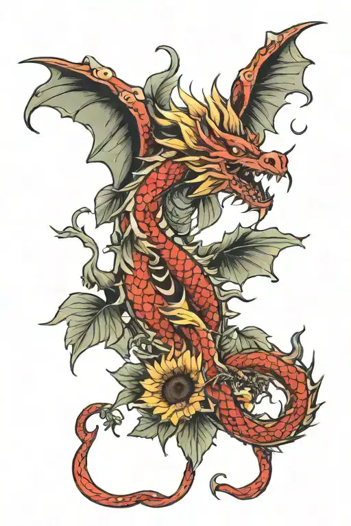 Red Dragon Climbing A Sunflower