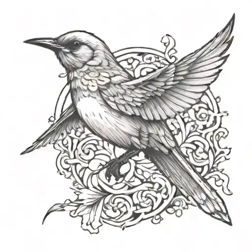 Nightingale Flying Left Black And White Drawing No Border