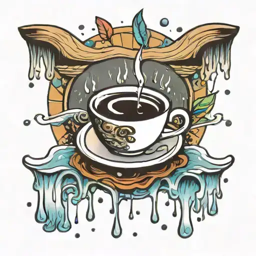 Beach And Coffee Cup Surrounded My Rain Drops Falling