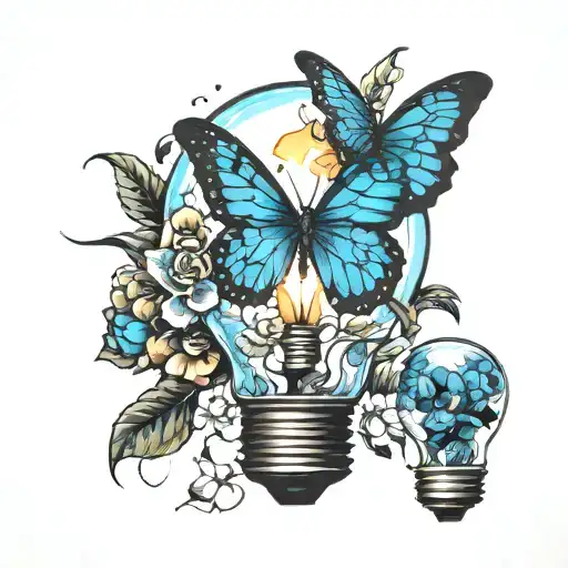 Broken Smashed Lightbulb With A Flower Inside Lightbulb And 1 Blue Butterfly Flying Out