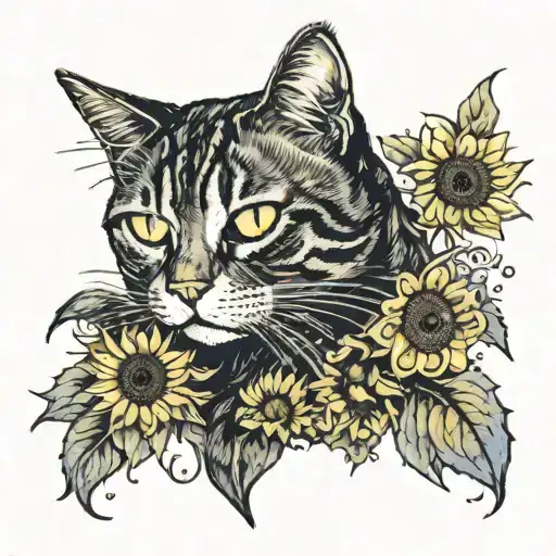 Sunflower And Van Gogh Starry Night Painting And Cat