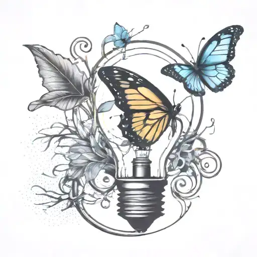 Broken Lightbulb With A Plant Growing Inside And 1 Blue Butterfly Flying Out
