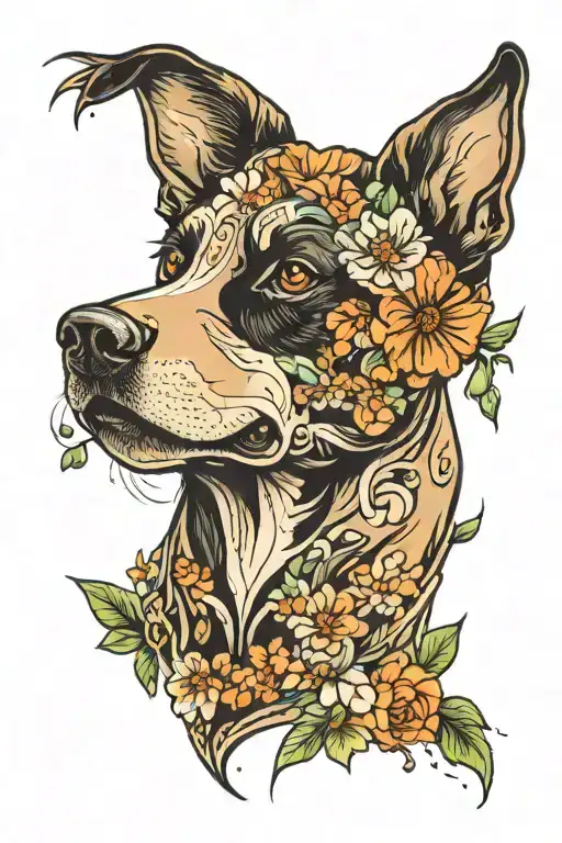 Dog Head With Black Around Eyes And Flowers Around Neck