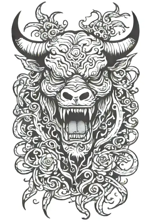 Bull Head On Chest Dripping Down Onto Monsters Mouth On Stomach