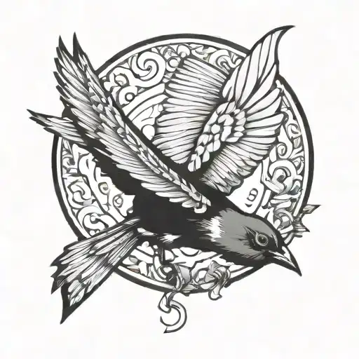 Nightingale Flying Left Black And White Drawing