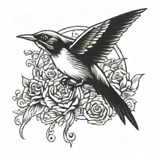 Nightingale Flying Left Black And White Drawing No Border