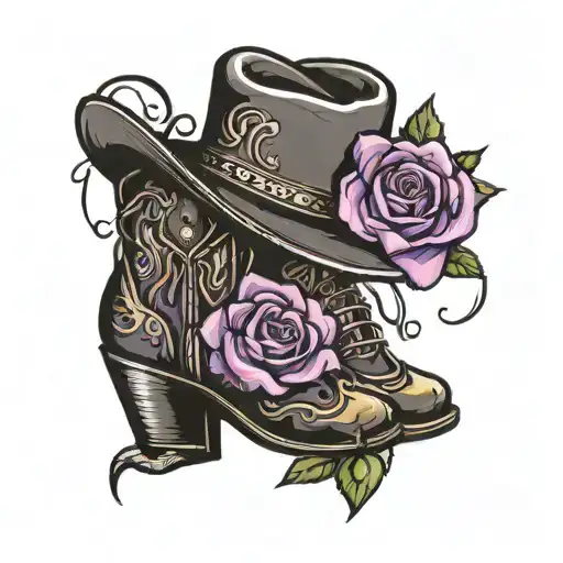 Cowboy Boots With A Cowboy Hat Surrounded By A House Shoe And A Beautiful Purple Rose