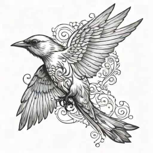 Nightingale Flying Left Black And White Drawing No Border