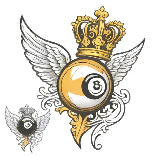 Detailed Billiard 8 Ball With A Golden Crown On Top And White Wings On The Back