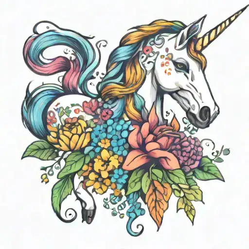 A Colorful Rainbow Unicorn Surrounded By Blooming Flowers And Plants