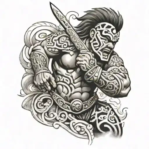 Maori Warrior In Battle With Taiaha In Hand