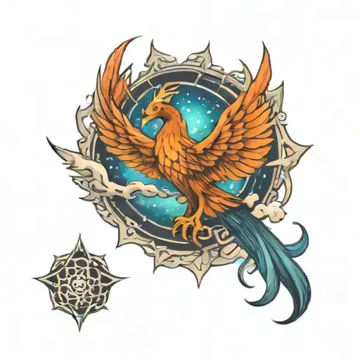 Phoenix Rising From Smoke Shape Lotus In Aurora Borealis