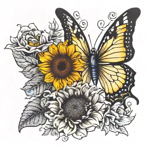 Butterfly With Sunflower Blooming