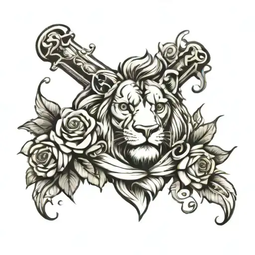 Lion Cross And Rose Tattoo Design