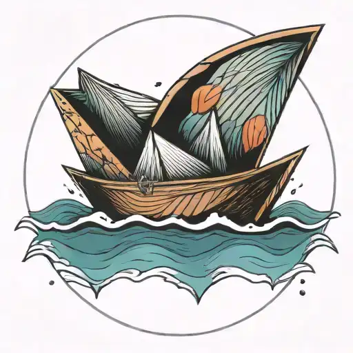 Creat A Traditional Tattoo Of An Oragami Paper Boat On The Ocean Inside Of A Circle