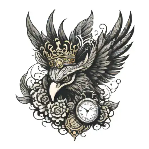 A Fierce Phoenix Head With A King's Crown On Top Of His Head With A Background That Represents Time