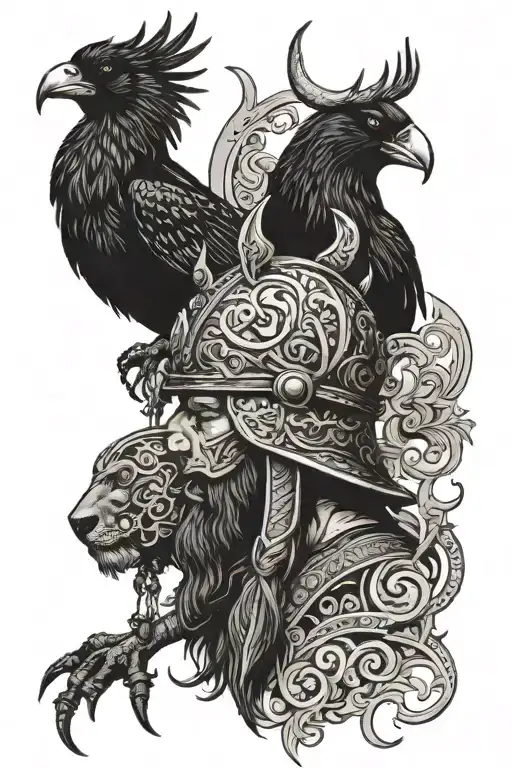 Viking With Horn Helmet Next To Kangaroo Above A Magpie And Crow Back To Back