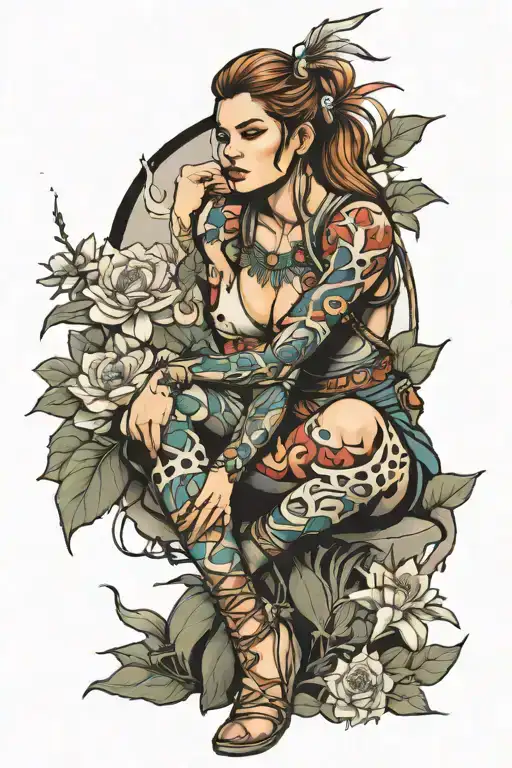 Female Warrior Hurt Sitting In A Peaceful Garden Scene