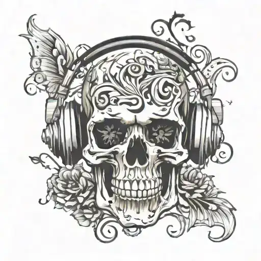 Skull Wearing Headphones Surrounded By Musical Notes