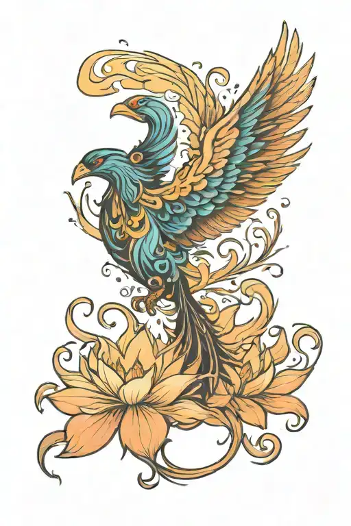 Phoenix Rising From Smoke Shape Lotus In Aurora Borealis