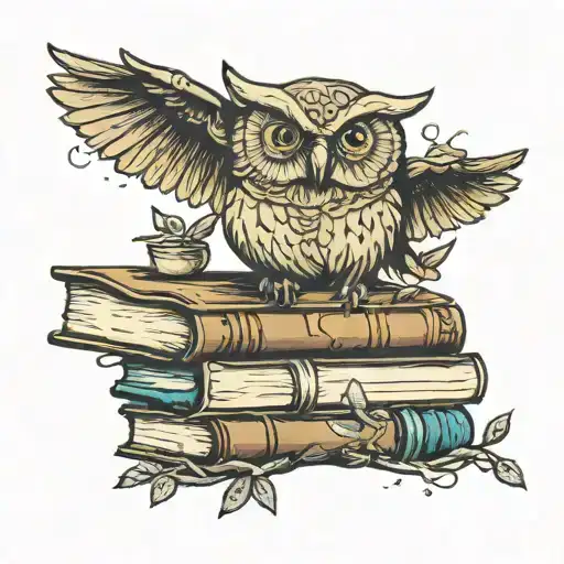 Owl On Books Stacked With Sloth Hanging From A Tree