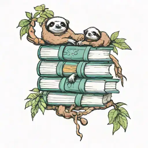 Books Stacked With Sloth Hanging From A Tree Growing
