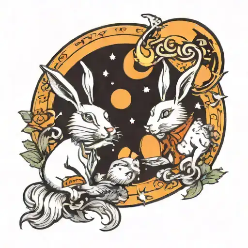 Two Gods Eating A Rabbit In The Moon And Sun
