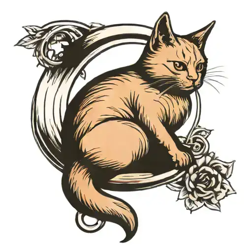 Small Crescent Moon With Small Cat Shadow Sitting Alone Tattoo For Under The Ear