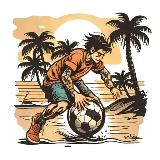 A Boy Bounces A Football On A Beach With Palm Trees At Sunset