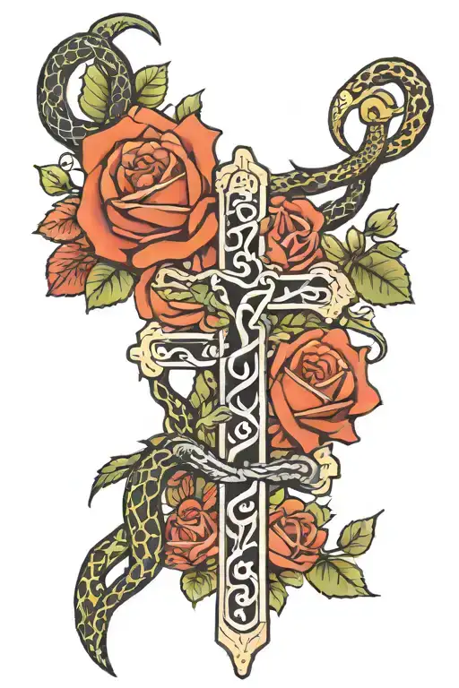 Cross Surrounded By Snake Slithering Inbetween 3 Roses