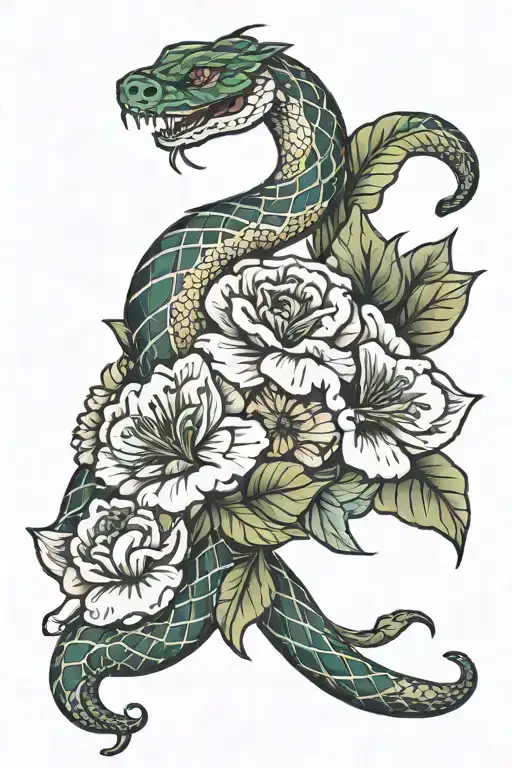 Forarm Tattoo With Snake Wrapped Around Arm And Flowers And Butterflies