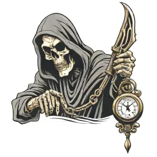 Grim Reaper Holding A Pocket Watch With A Hour Glass