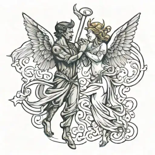A Sleeve Tattoo Of An Angel And Devil Dancing Together
