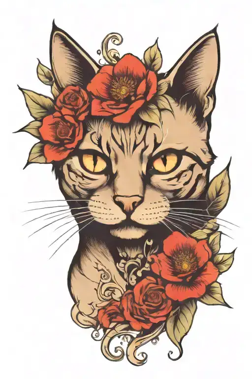 Cat With Red Flowers On His Eye And Mouth Wide Open With Blood