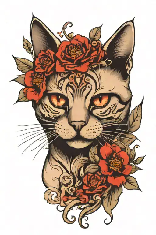 Cat With Red Flowers On His Eye And Mouth