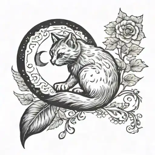 Small Crescent Moon With Cat Sitting Alone Tattoo For Under The Ear