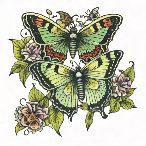 Lunar Moth And Butterfly With Plants Growing